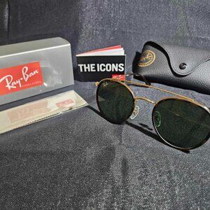 Brand New Stylish Round Gold Frame Sunglasses with Green Lenses - Complete Set